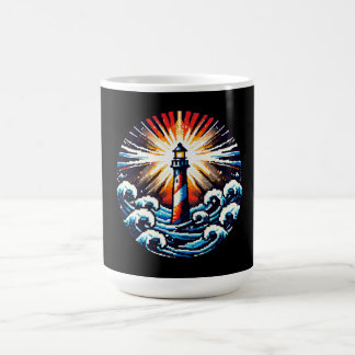Caneca De Café Farol de Pixel - Ondas Oceânicas e Beacon Costeiro
