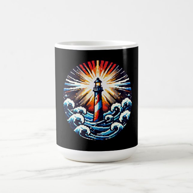 Caneca De Café Farol de Pixel - Ondas Oceânicas e Beacon Costeiro (Centro)