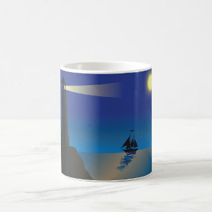 Caneca De Café Farol e veleiro no Oceano Luar Noturno
