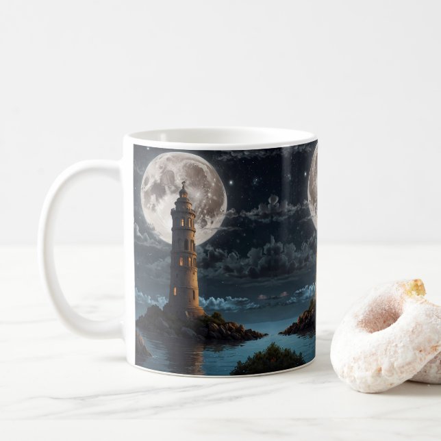 Caneca De Café Farol iluminado à luz da lua numa noite clara (Com Donut)