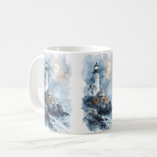 Caneca De Café Farol Iluminado pelo Luar na Costa Rochosa