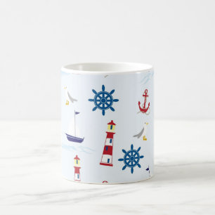 Caneca De Café Farol Náutico, Âncora, Roda, Gaivota & Barco