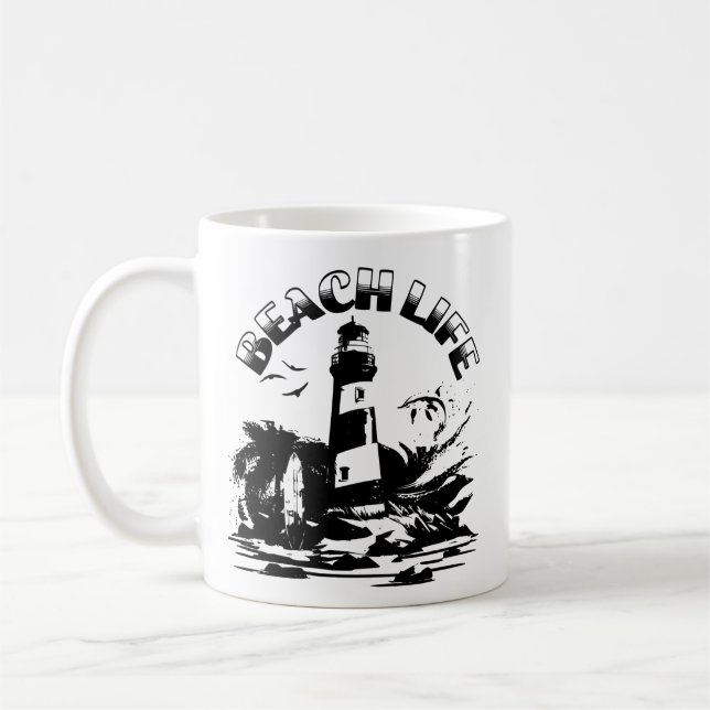 Caneca De Café Farol Preto e Branco na Vida da Praia (Esquerda)