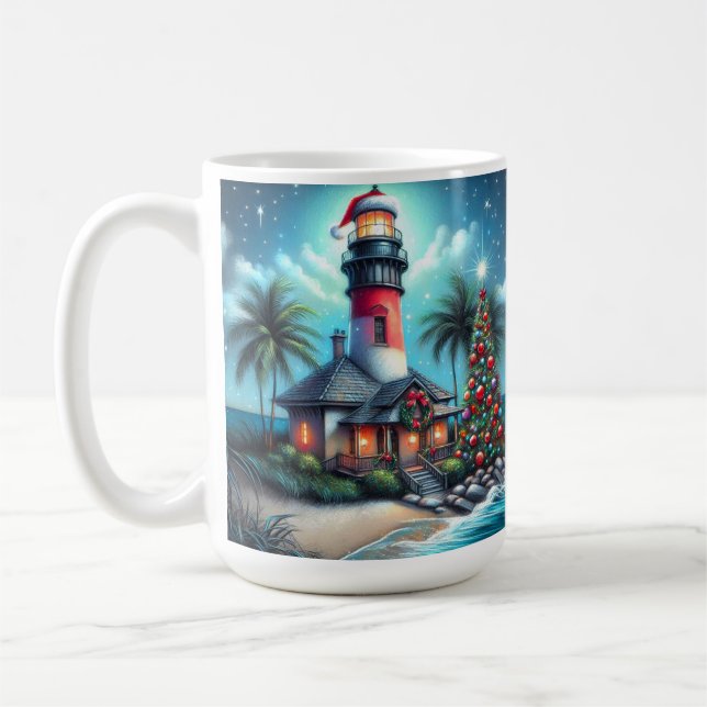 Caneca De Café Farol Tropical de Natal Whimsical Vermelho Teal (Esquerda)