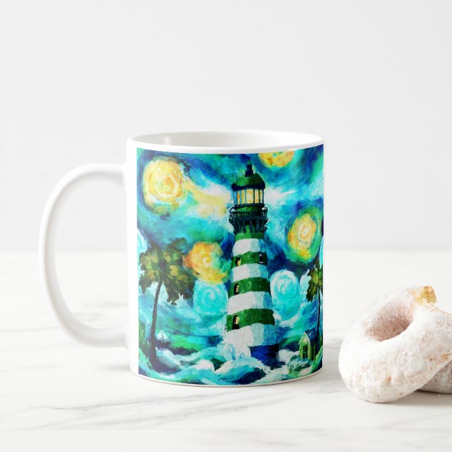 Caneca De Café Farol Tropical & Palm Trees Impressionistas (Com Donut)
