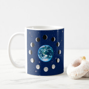 Caneca De Café Fases da Terra e da Lua, num Fundo de Estrelas