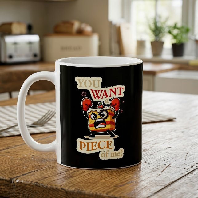 Caneca De Café Fatia de Bolo Bravo e Engraçado Pronta para Lutar  (Funny Angry Cake Slice Ready to Fight Cartoon. Coffee Mug)