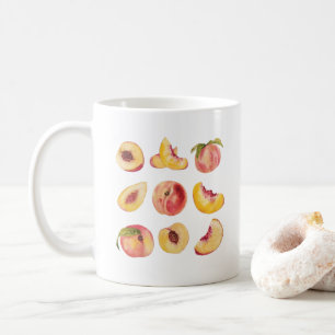 Caneca De Café Fatias de pêssego frescas e coloridas em aquarela,