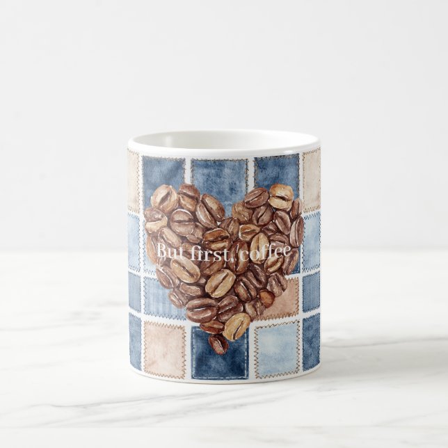 Caneca De Café Faux Blue Cream Denim First Coffee Beans Heart (Centro)