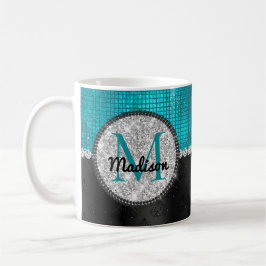 Caneca De Café Faux Chic Silver Glitter Turquoise Monograma preto