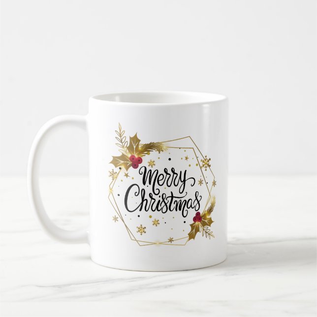 Caneca De Café Faux Dourado Feloral Feliz Natal| Mug (Esquerda)