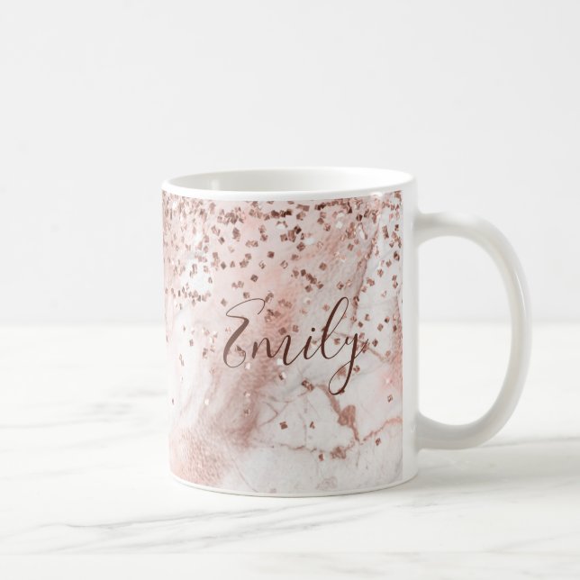 Caneca De Café Faux Glitter Girly Rosa Dourado Marble Personaliza (Direita)