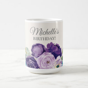 Caneca De Café Favor de Aniversário Floral em Aquarela Azul Roxo