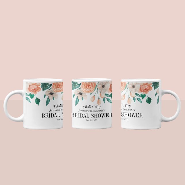 Caneca De Café Favor Personalizado Chá de Noiva Flor de Pêssego E (Elegant Peach Floral Bridal Shower Custom Favors Coffee Mug
)