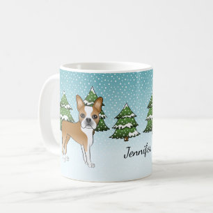 Caneca De Café Fawn Boston Terrier Em Uma Floresta E Nome De Inve