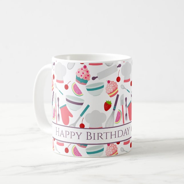 Caneca De Café Fazer Bolo de Aniversário Feliz (Frente Esquerda)