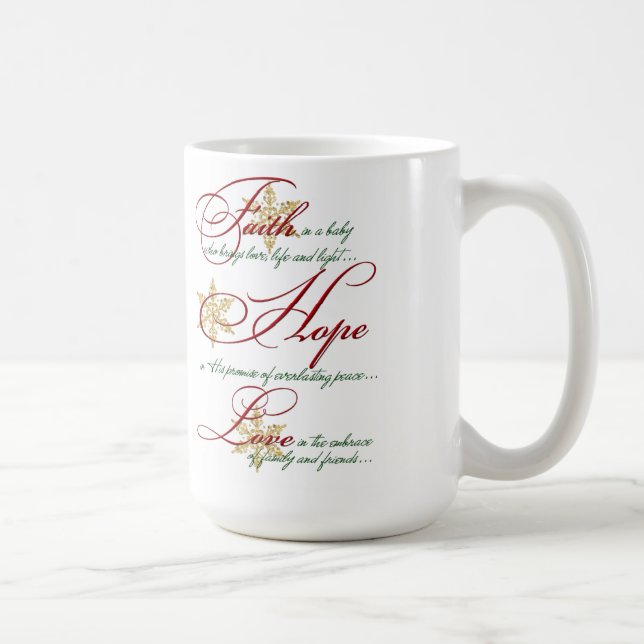 Caneca De Café Fé, Esperança, Amor, Dourada Cama de Natal Vermelh (Direita)