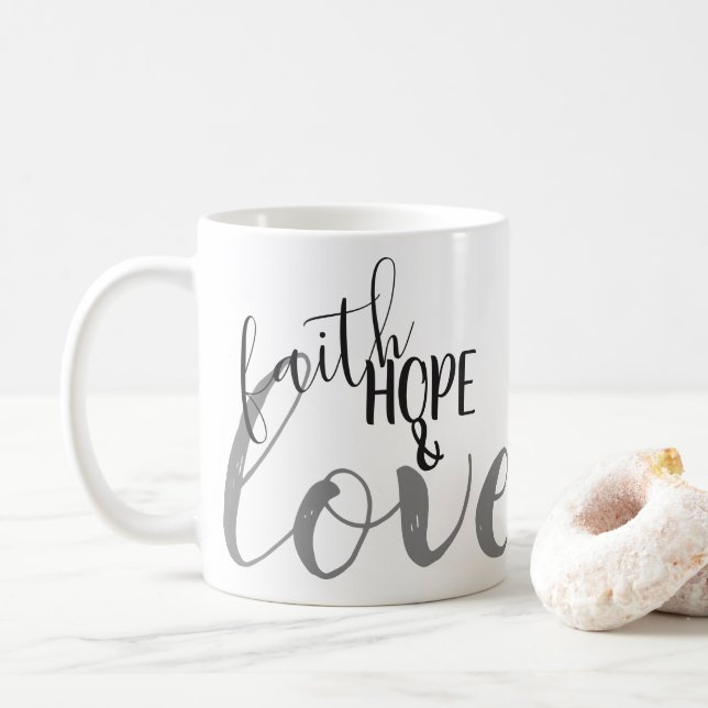 Caneca De Café Fé, Esperança & Amor | Presente de Fé Preto e Cinz (Com Donut)