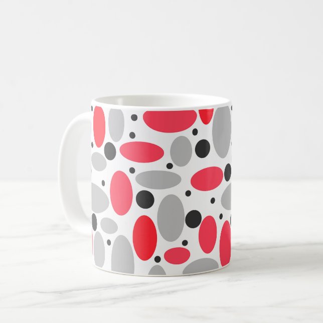 Caneca De Café feijão e ervilha padrão retrô vermelho cinza branc (Frente Esquerda)