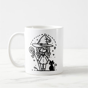 Caneca De Café Feiticeira e Doodle Gato Negro