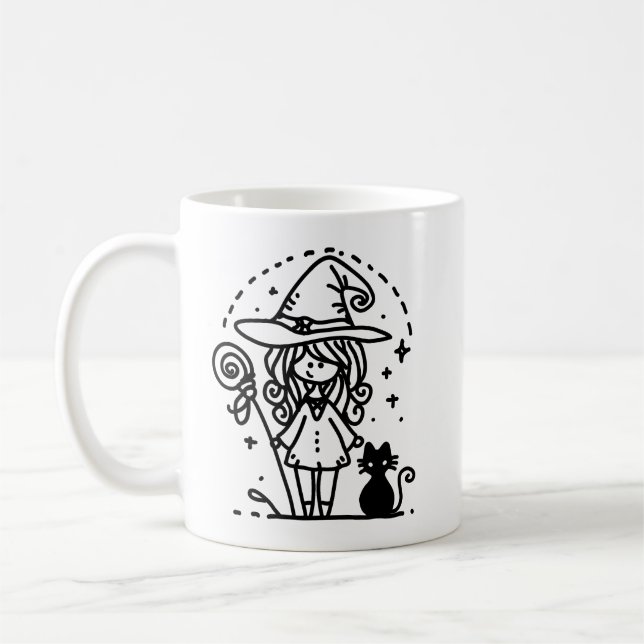 Caneca De Café Feiticeira e Doodle Gato Negro (Esquerda)