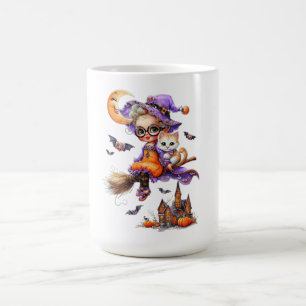 Caneca De Café Feiticeira e Kitten em uma vassoura