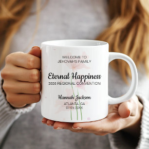 Caneca De Café Felicidade Eterna Batismo JW com Flores Rosa