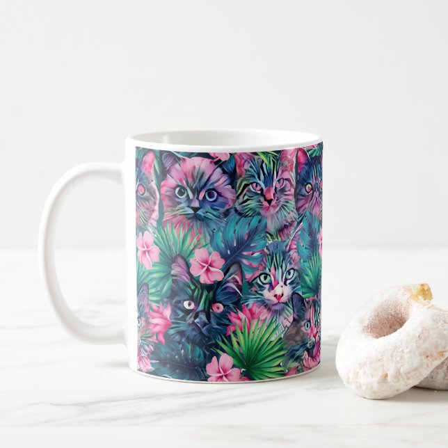 Caneca De Café Felinos florais de Verão (Com Donut)