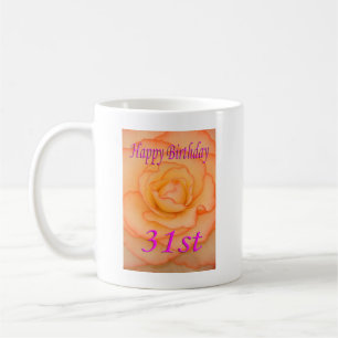 Caneca De Café Feliz 31º Aniversário, Flor Amarelo com Trim Rosa