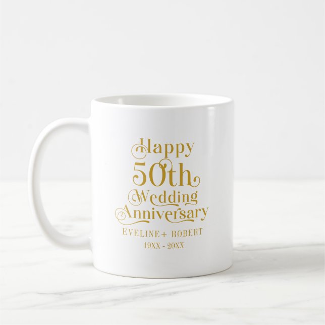 Caneca De Café Feliz 50º aniversário de casamento Dourada Tipogra (Esquerda)