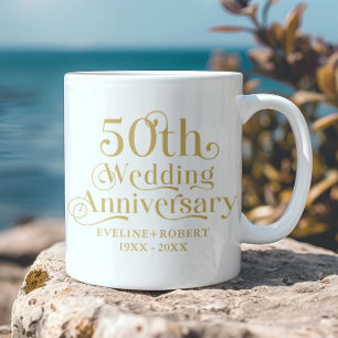 Caneca De Café Feliz 50º Aniversário de Casamento Tipografia Dour