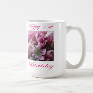 Caneca De Café Feliz 55º aniversário, rosa e flor verde