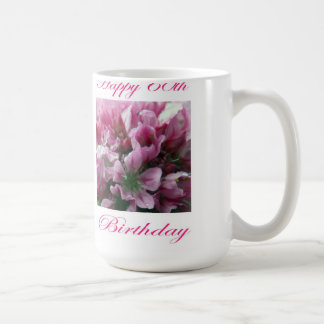 Caneca De Café Feliz 60º aniversário, rosa e flor verde