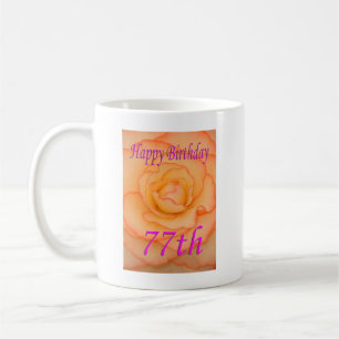 Caneca De Café Feliz 77º Aniversário, Flor Amarela com Trim Ros