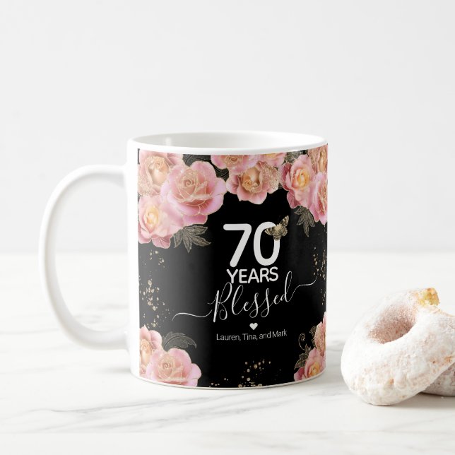 Caneca De Café Feliz Aniversário, 70 Anos Abençoado Floral Rosa R (Com Donut)