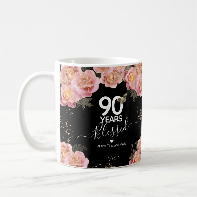 Caneca De Café Feliz Aniversário 90 Anos Abençoado Café Floral Ro (Esquerda)