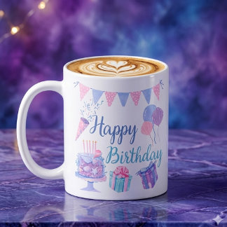 Caneca De Café Feliz Aniversário – Bolo e Balões Inspirados no Oc