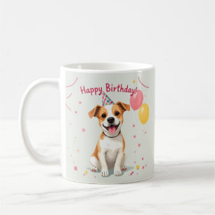 Caneca De Café Feliz Aniversário Cachorro com Chapéu de Festa e B