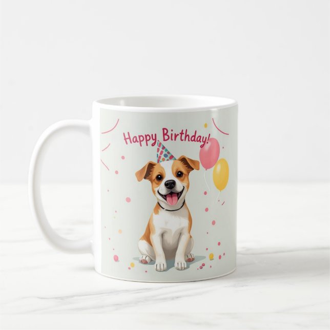 Caneca De Café Feliz Aniversário Cachorro com Chapéu de Festa e B (Esquerda)