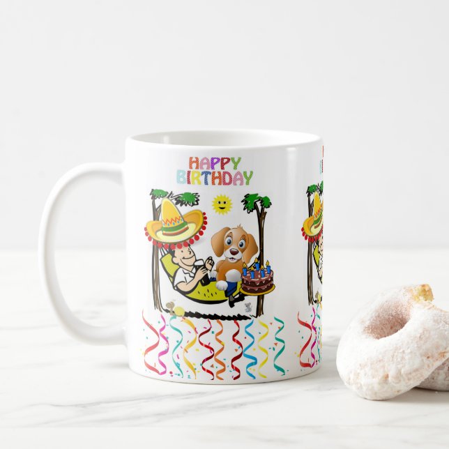 Caneca De Café Feliz Aniversário Cachorro Sombrero (Com Donut)