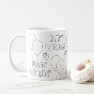 Caneca De Café Feliz Aniversário Com Balões Branco Fundo