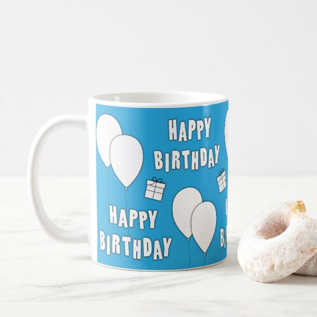 Caneca De Café Feliz Aniversário Com Balões De Fundo Azul (Com Donut)