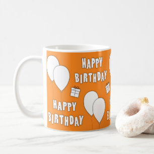 Caneca De Café Feliz Aniversário Com Balões De Fundo Laranja