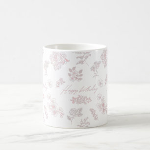 Caneca De Café Feliz aniversário com fundo floral - café rosa