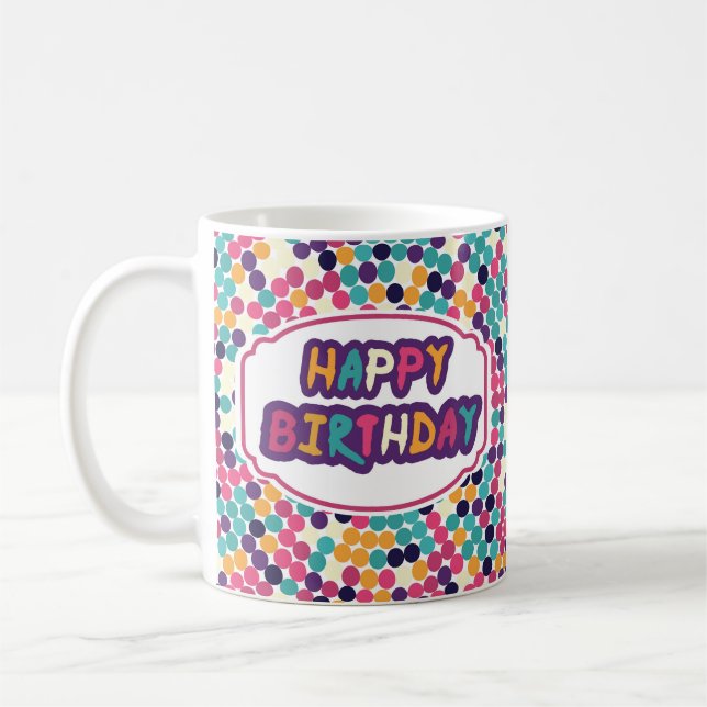Caneca De Café Feliz Aniversário com Texto Personalizado Círculos (Esquerda)