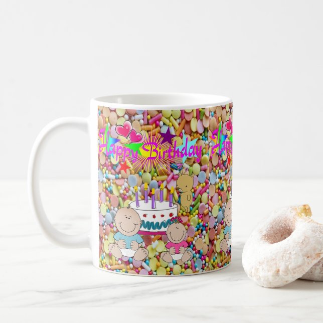 Caneca De Café Feliz Aniversário, Crianças Selvagens (Com Donut)
