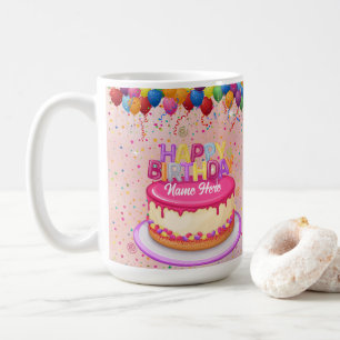 Caneca De Café Feliz aniversário do Balão de Bolo e Confetti