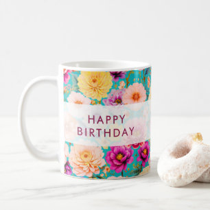 Caneca De Café Feliz Aniversário Floral Lindo Presente Personaliz