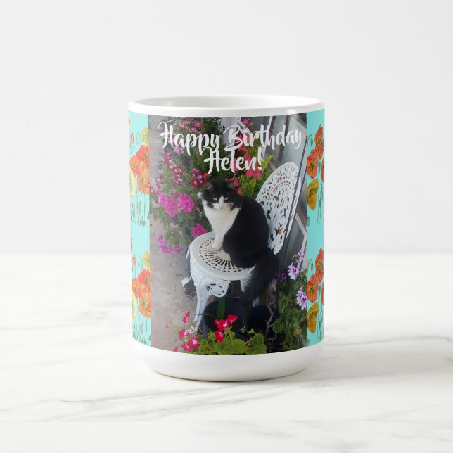 Caneca De Café Feliz Aniversário Gato Laranja Papoila Mama Nome M (Centro)