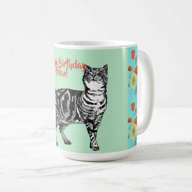 Caneca De Café Feliz Aniversário Gato Laranja Papoila Mama Nome M (Frente Esquerda)
